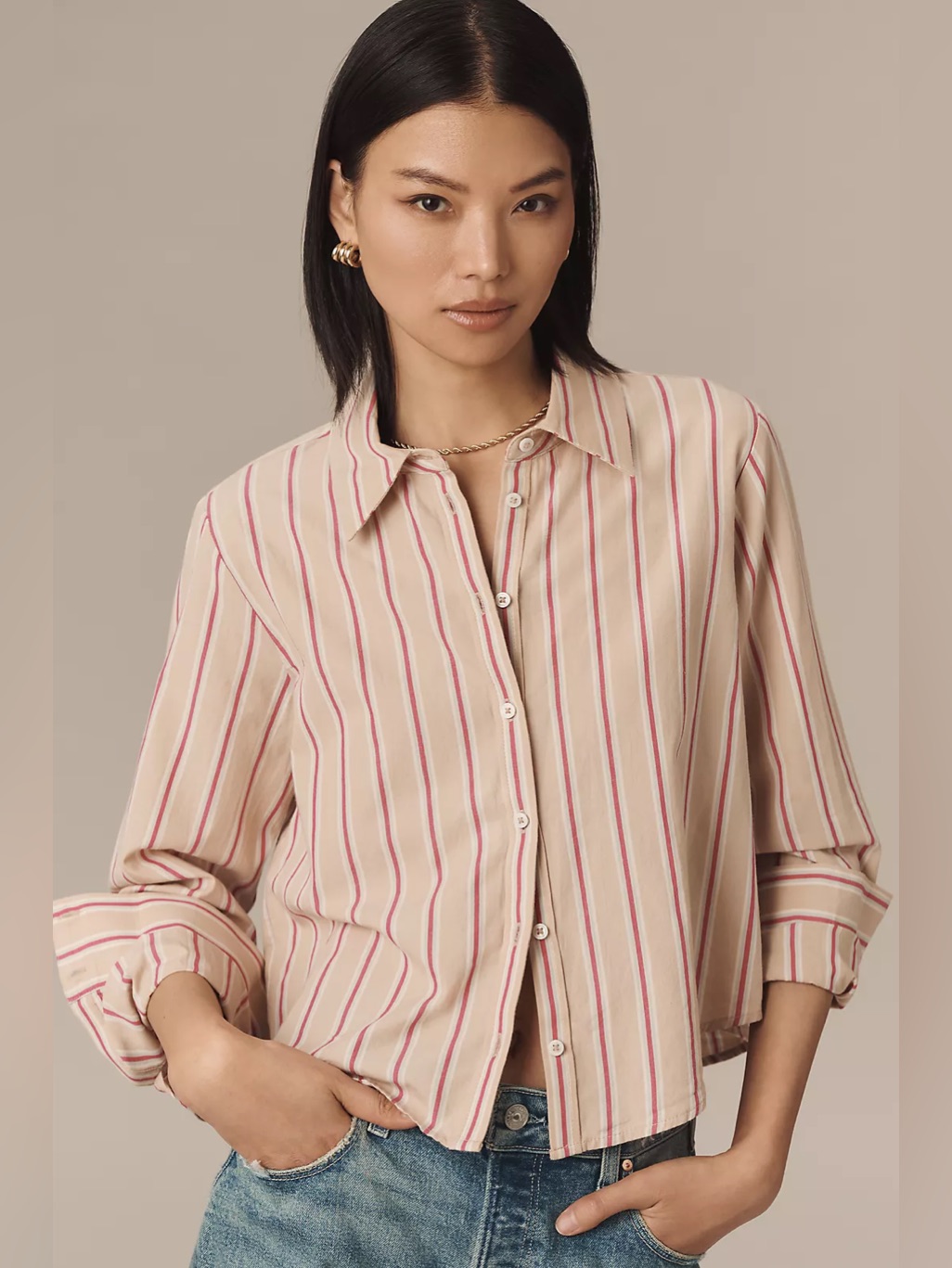 Paige Cream Button-Down Shirt With Pink Stripes